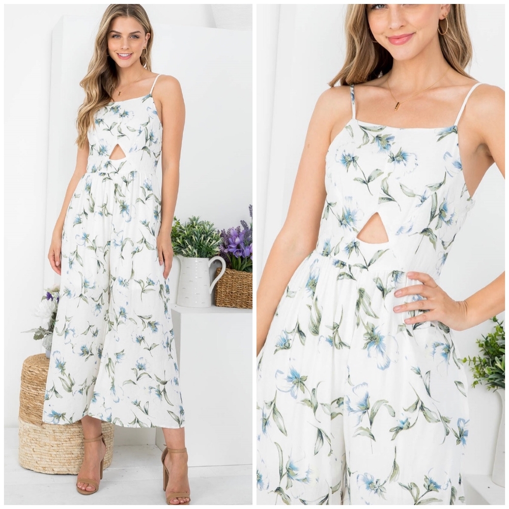 DOE & RAE White Floral Peek-A-Boo Cut Out Wide Leg Jumpsuit - Picture 3 of 9